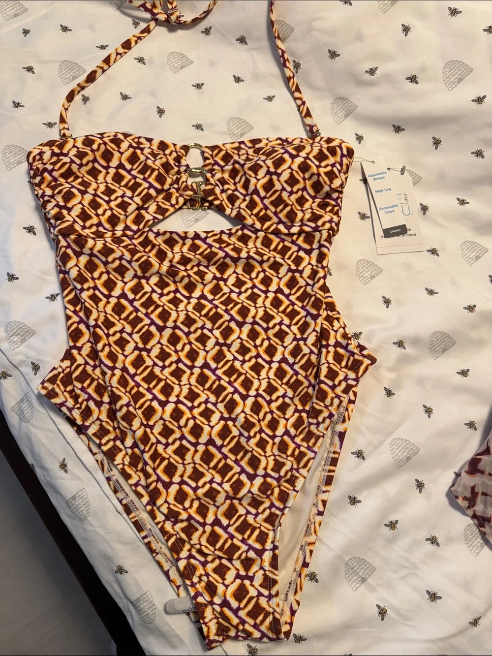 Geometric One-Piece Swimsuit in Maroon & Mustard XS (0-2) with matching cover up